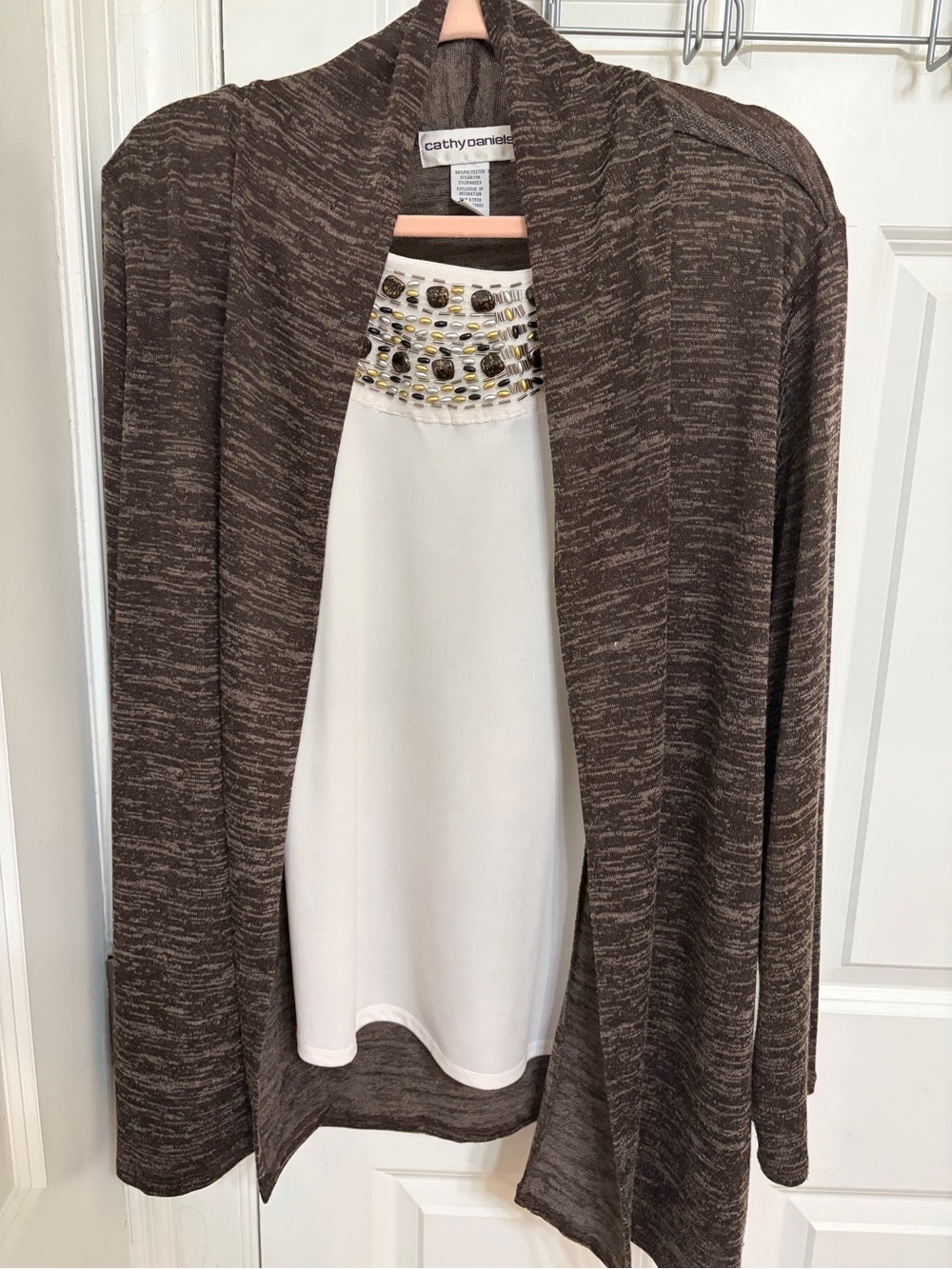 Cathy Daniels Brown Marled Open-Front Cardigan with Cream Inset Top